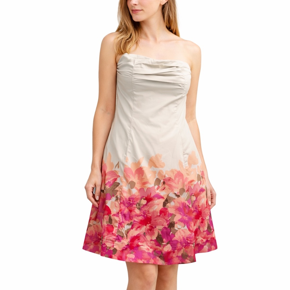 Stunning beige RW & Co. strapless dress cotton floral natural beauty neutral 12